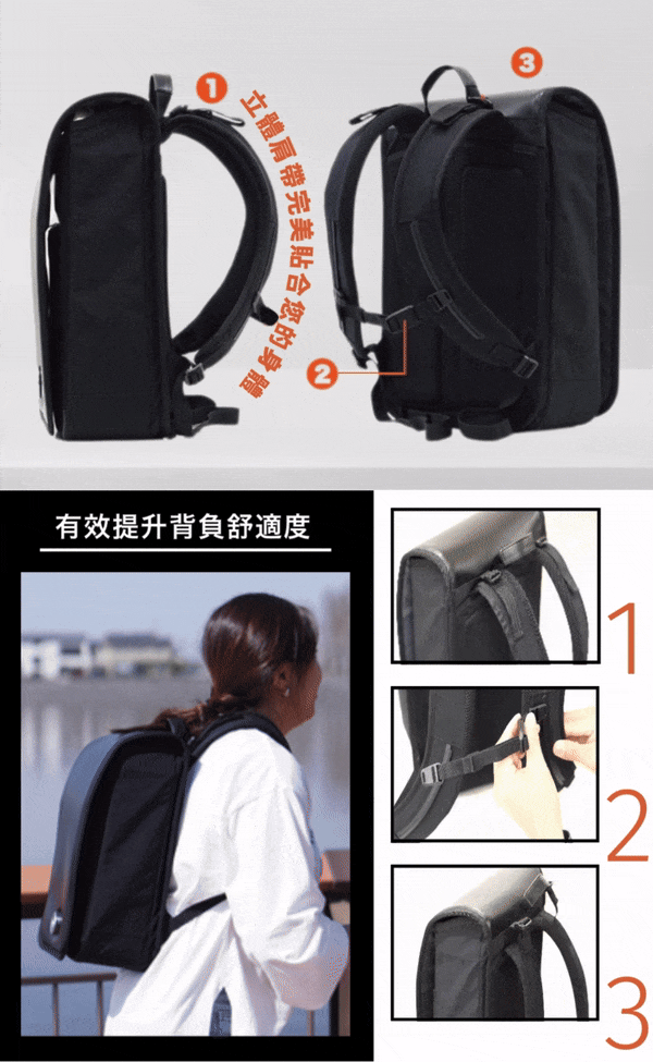 人體工學肩帶和可調式胸扣｜有效分散重量，提升背負舒適度