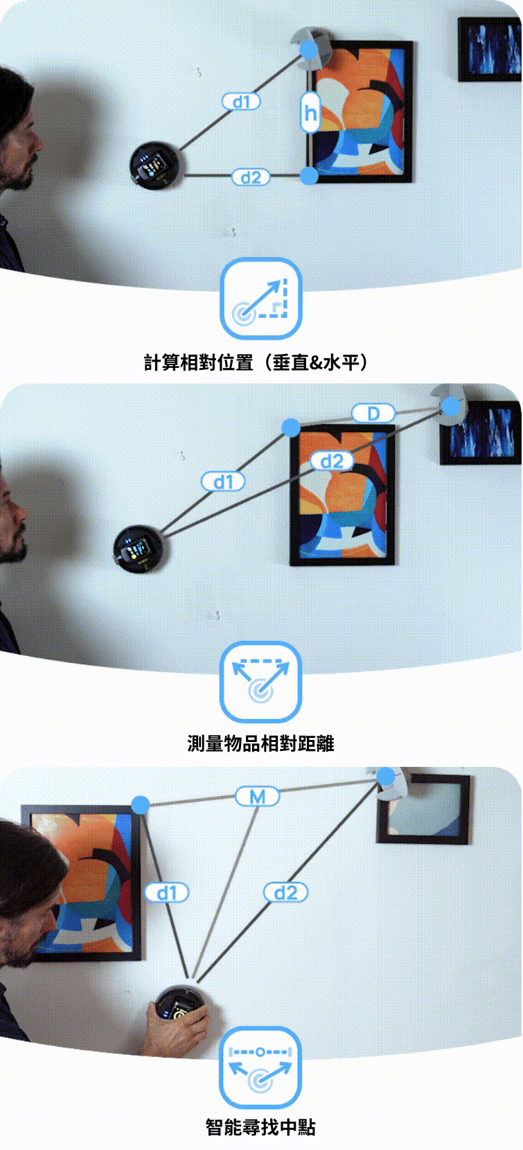 衍生出多種便利量測功能：物品相對定位、兩點之間距離、中間點標記 