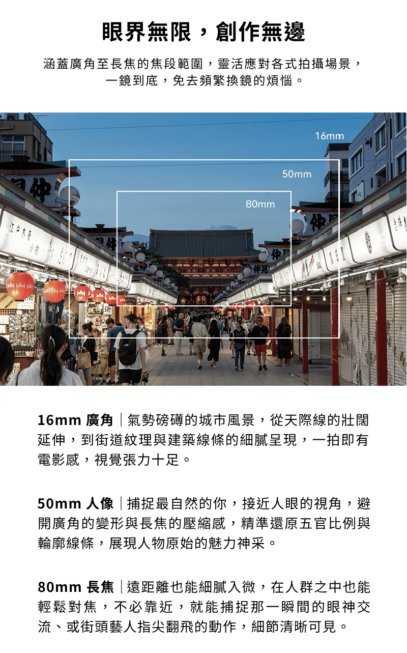 涵蓋廣角至長焦的焦段範圍，靈活應對各式拍攝場景