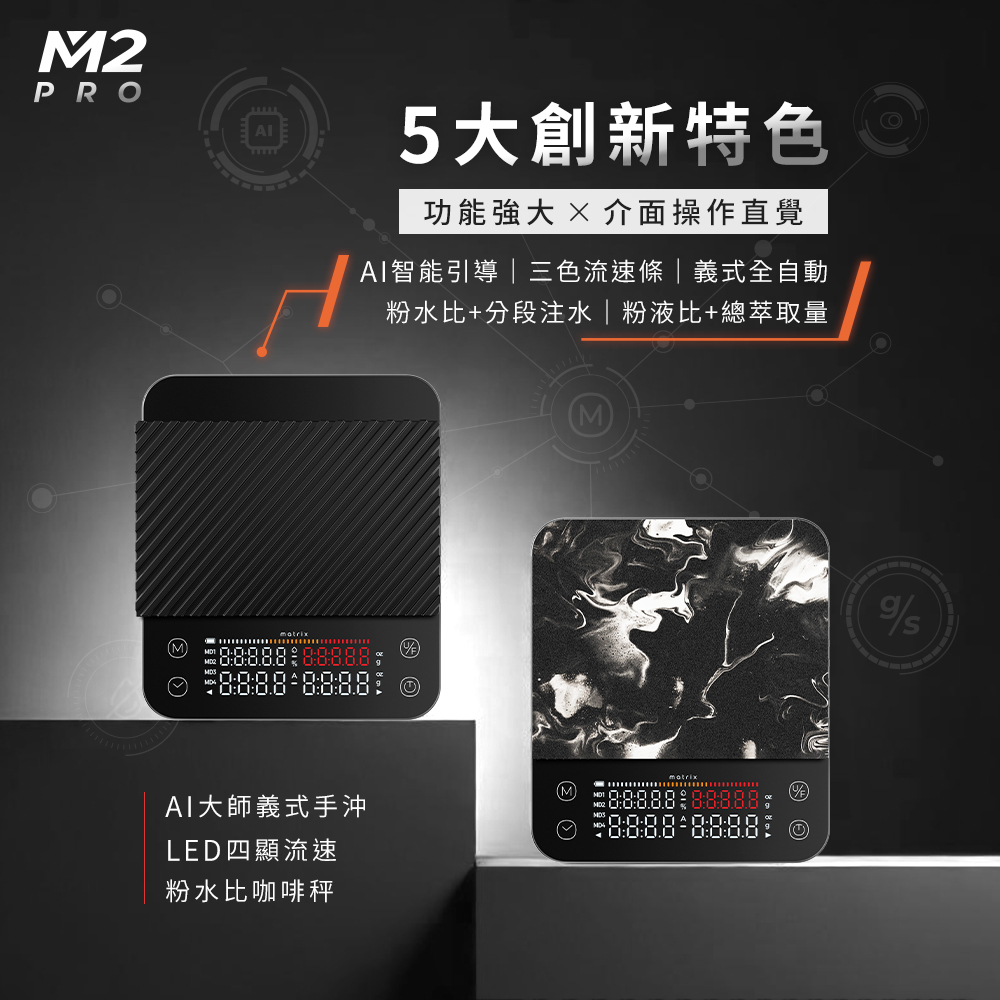 M2 Pro AI大師義式手沖LED四顯流速粉水比咖啡秤，AI智能引導｜分段注水｜粉水比｜粉液比
