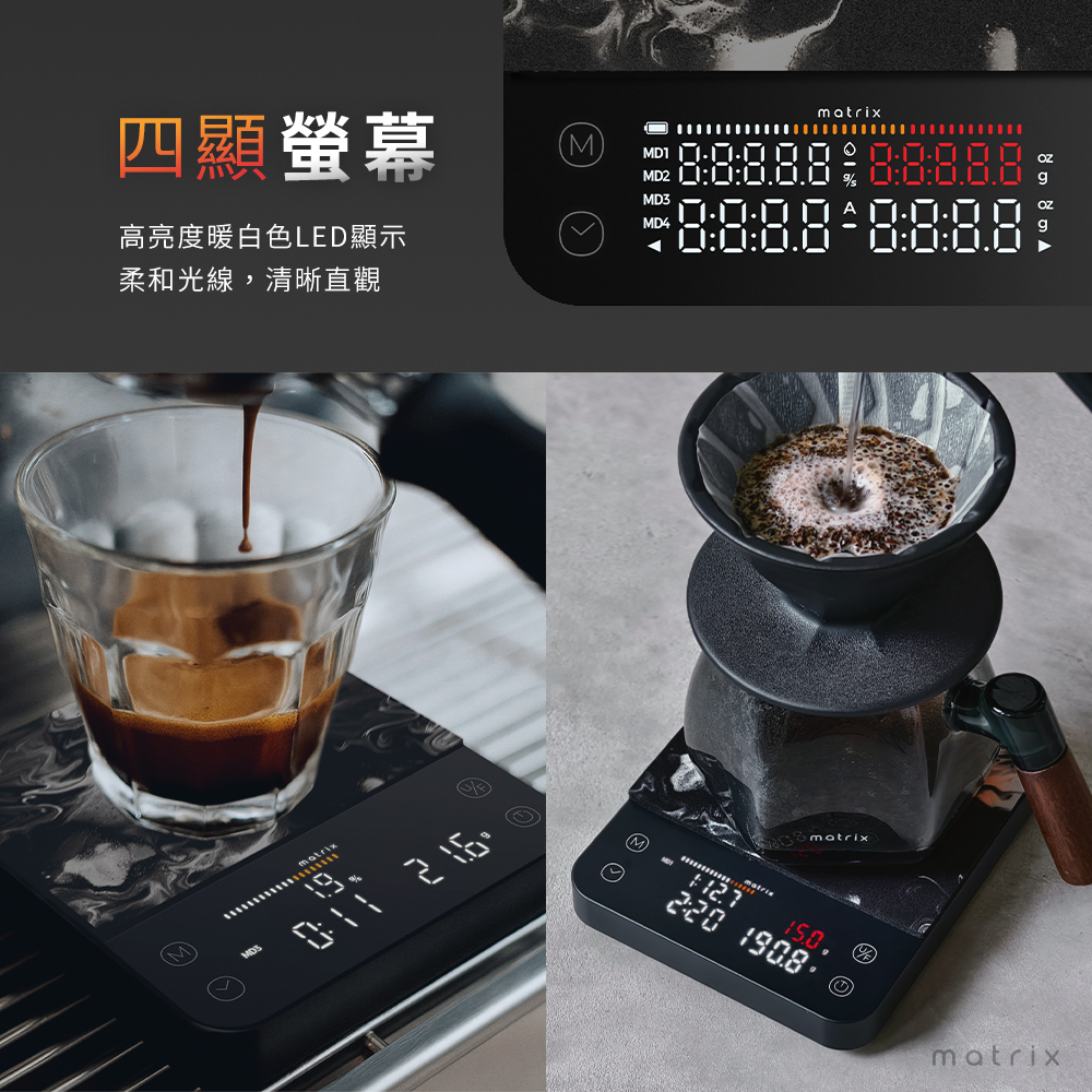 M2 Pro AI大師義式手沖LED四顯流速粉水比咖啡秤，高亮度暖白色LED