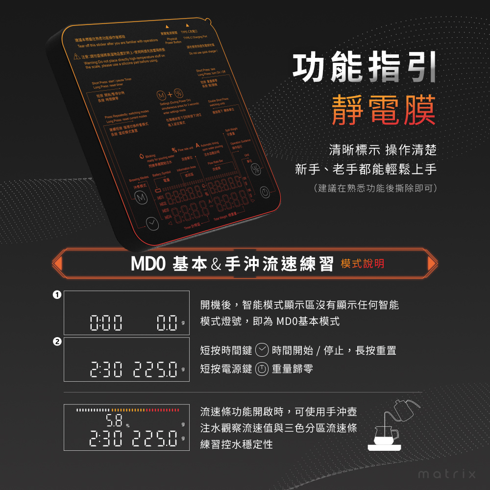 M2 Pro AI大師義式手沖LED四顯流速粉水比咖啡秤，MD0基本模式