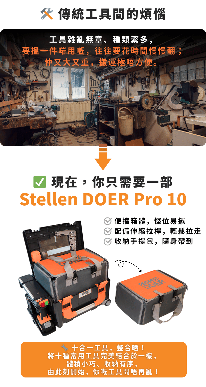 擺脫混亂的傳統工具間，現在你只需要一台Stellen Doer Pro 10