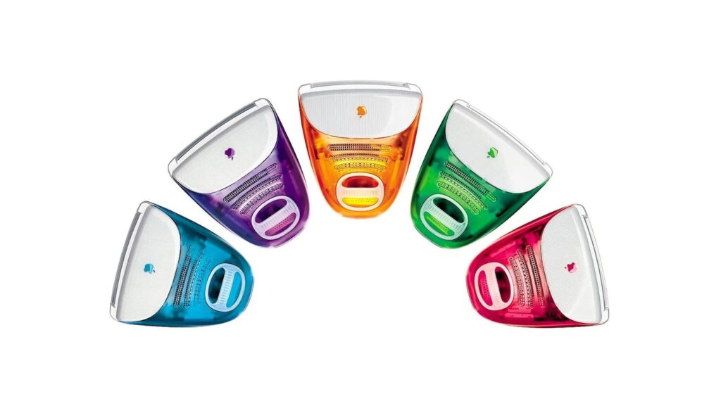 A Bondi Blue Apple iMac G3, known for its colorful, translucent design.