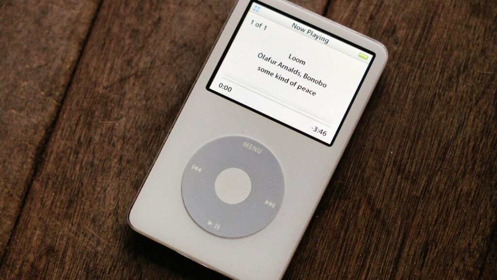 The first-generation Apple iPod with its iconic Click Wheel.